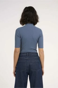 Femme T-shirt Rib High Neck SS - Knowledge Cotton Apparel -Pulls et Sweats Soldes Boutique rib brown china blue 3 1800x1800